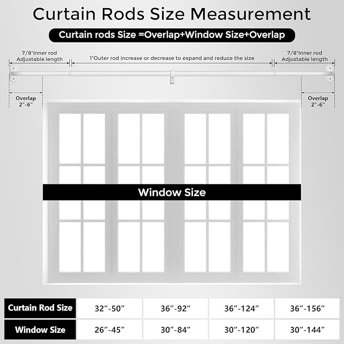 2 Pack Curtain Rods 36-88 Inch, 1 Inch Adjustable Heavy Duty Room Darkening