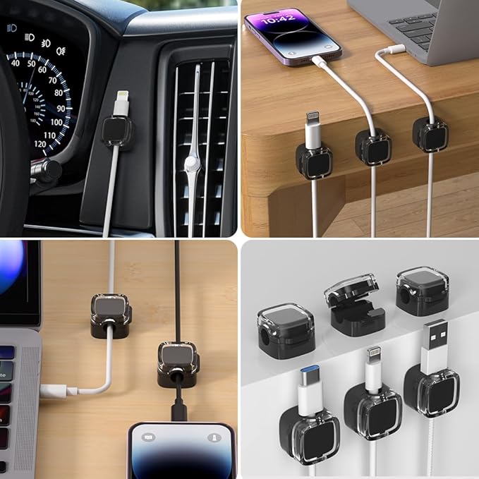 Magnetic Cable Clips, Adjustable Cord Holder Management, Adhesive Wire Keeper Organizer for Home Office Desk Phone PC Car Wall Desktop Nightstand Appliance (9-Pack Black Crystal)