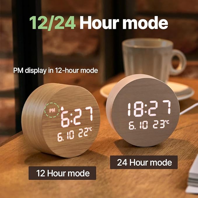 FLT Moonfall Wood Interior LED Desk Clock-White (Designed in Korea)- Time, Date, Temperature Display, Customizable Alarms, Auto Brightness, Compact 3.46-Inch Size, USB Cable & Adapter Included