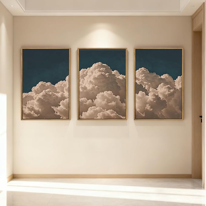 IARTTOP Extra Large Navy Blue Cloud Wall Art 24x36 Inch Framed Abstract Modern Landscape Canvas Wall Decor Minimalist Sky Painting Set of 3 for Bedroom Living Room Office