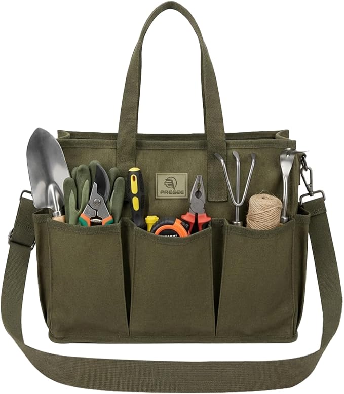 Heavy Duty Canvas Gardening Tote Bag with Pockets, Large Capacity Tool Organizer for Garden Tools, Portable Utility Bucket Carrier for Women Men, Outdoor Planter Caddy for Florist Supplies
