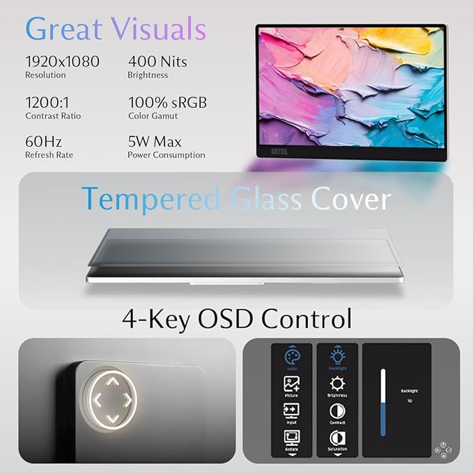 SOTSU FlipAction Go 14" Premium Portable Monitor SFA14PMMG | Robust but Lightweight | Tempered Glass Cover | 1080p | 400 Nits | 100% sRGB | 5W | Super Versatile | USB C or Mini HDMI