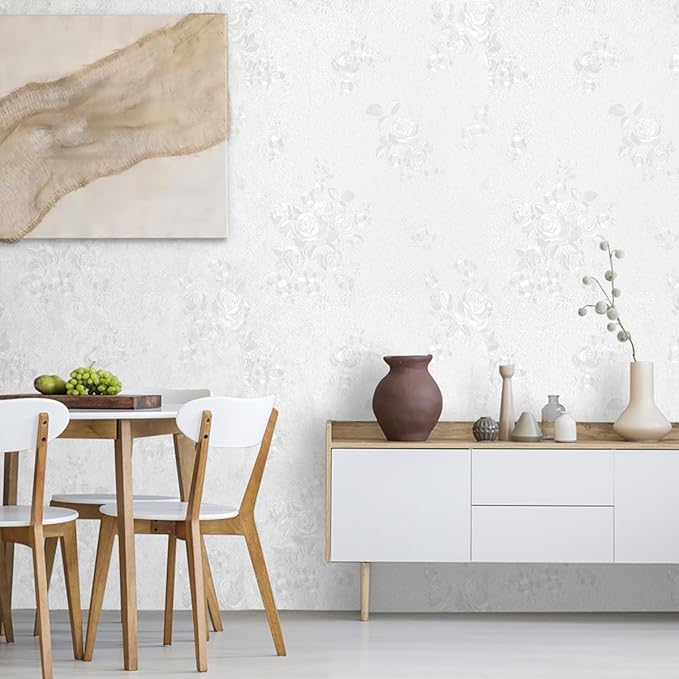 Erfoni White Embossed Peel and Stick Wallpaper Textured Floral Contact Paper