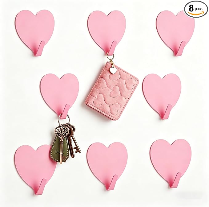 Heart Wall Hooks, 8 Pack, Small Pink Decorative Accessories, Purse Hanger