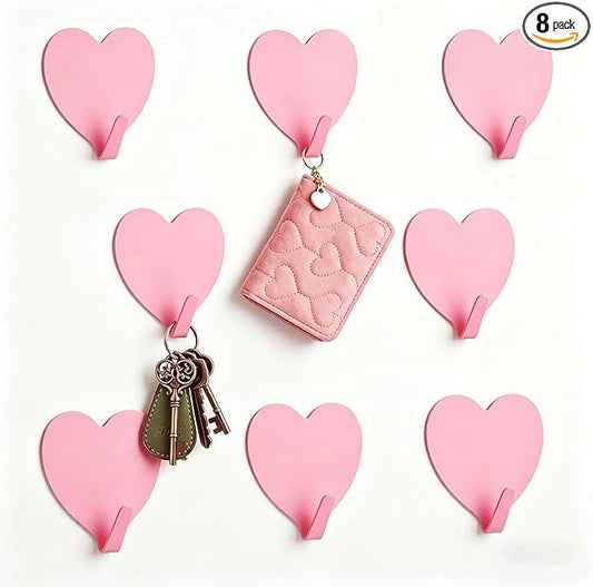 Heart Wall Hooks, 8 Pack, Small Pink Decorative Accessories, Purse Hanger