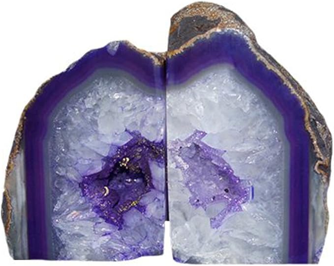JIC Gem Book Ends for Shelves Dyed Purple Agate Bookends Natural Geode Brazilian Rock Stone Book Ends Decorative with Rubber Bumpers Small Size(1 Pair, 2-3 LBS)
