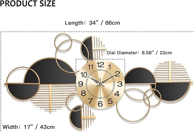 Large Wall Clock, Modern Silent Non-Ticking Metal Wall Art Wall Clocks Battery