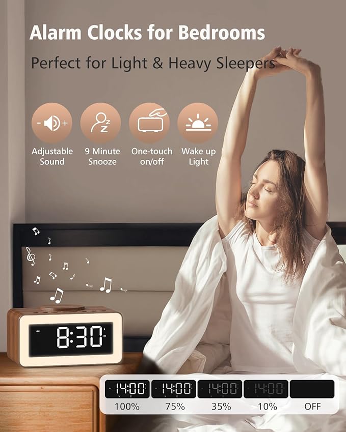 Digital Alarm Clocks for Bedrooms, Bluetooth Speaker, Alarm Clock with Wireless Charging, White/Brown Noise Sound Machine for Sleep with Night Light Wooden Vintage Decor Birthday Gifts for Men, Women