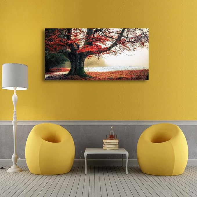 Stunning Nature Landscape Wall Art - 20x40 inches Canvas Artwork of Sunrise Forest Scenery with Red Leaves. Perfect Wall Decoration for Living Room, Bedroom and More