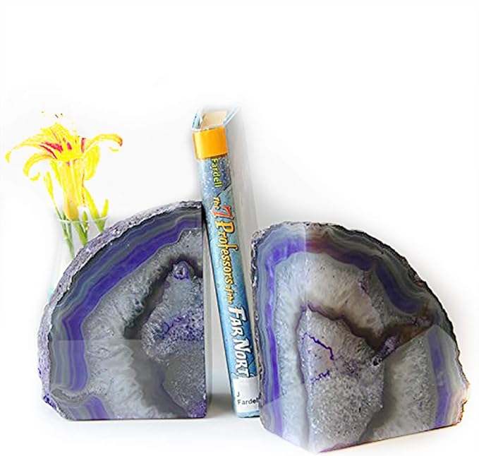 JIC Gem Book Ends for Shelves Dyed Purple Agate Bookends Natural Geode Brazilian Rock Stone Book Ends Decorative with Rubber Bumpers Small Size(1 Pair, 2-3 LBS)
