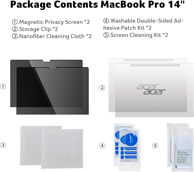 acer [2 Pack] Laptop Privacy Screen for MacBook Pro 14 Inch (2021-2024 M1, M2, M3, M4), Eye Protection Anti Spy/Glare Blue Light Computer Monitor Privacy Filter, Dual-sided Magnetic & Removable