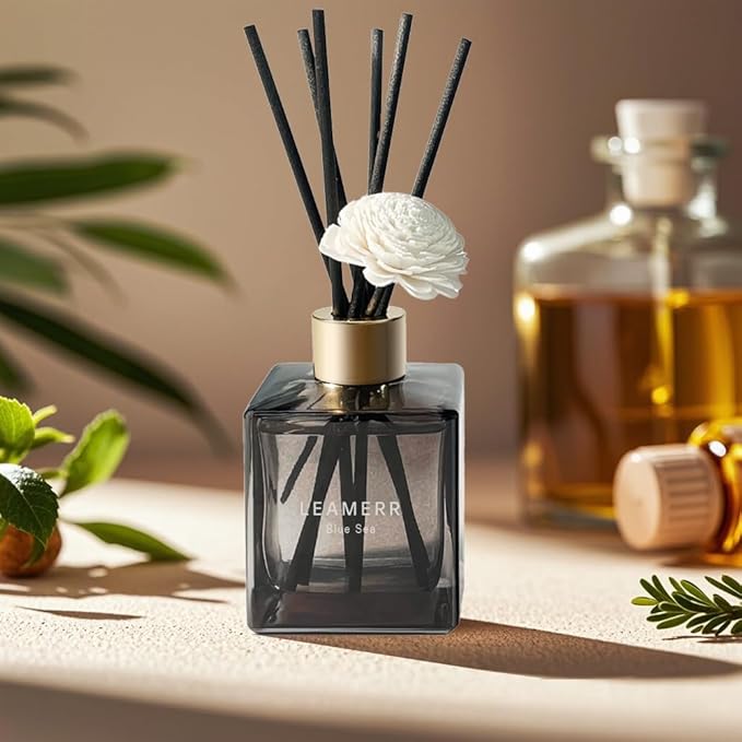 Reed Diffuser Set, 6.1 oz (180 ml) My Way Woody Fragrance Diffuser with 6 Reed Sticks and Scented Diffuser Flower Long-Lasting Home Fragrance Reed Diffuser for Home Room Office Bathroom Shelf Decor