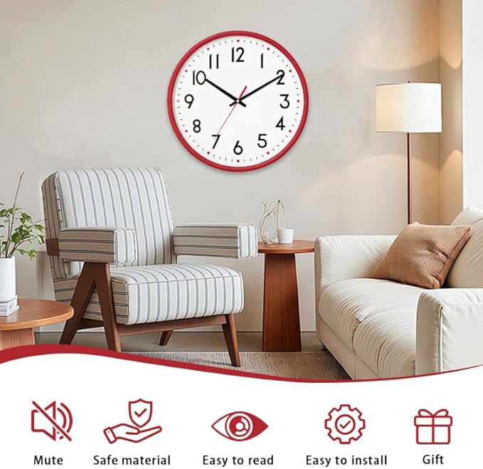 HZDHCLH Wall Clock Red, Silent Wall Clocks Battery Operated 10 Inch Modern Non