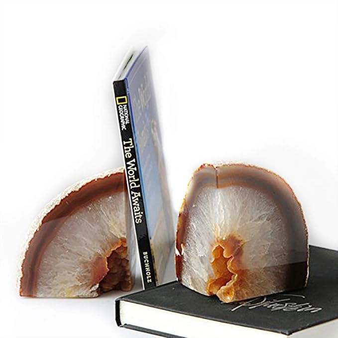 JIC Gem Natural Geode Bookends Decorative Agate Book Ends Stone Book Ends Holders for Shelves with Rubber Bumpers (1 Pair, 3-4 LBS)