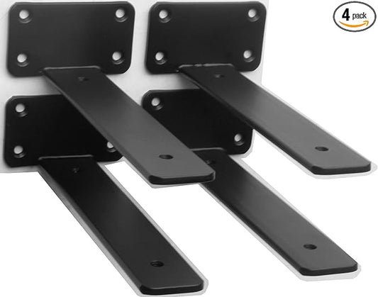 4 Pack - 8 inch Black Hidden L Shelf Bracket Iron Floating Shelf Brackets