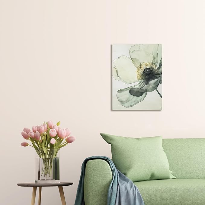 Sage Green Wall Art, flower pictures wall decor, Minimalist Modern Gold Green Canvas Artwork Paintings, Boho aesthetic canvas wall art for bedroom Bathroom Living room Office Decorations,12"x16"