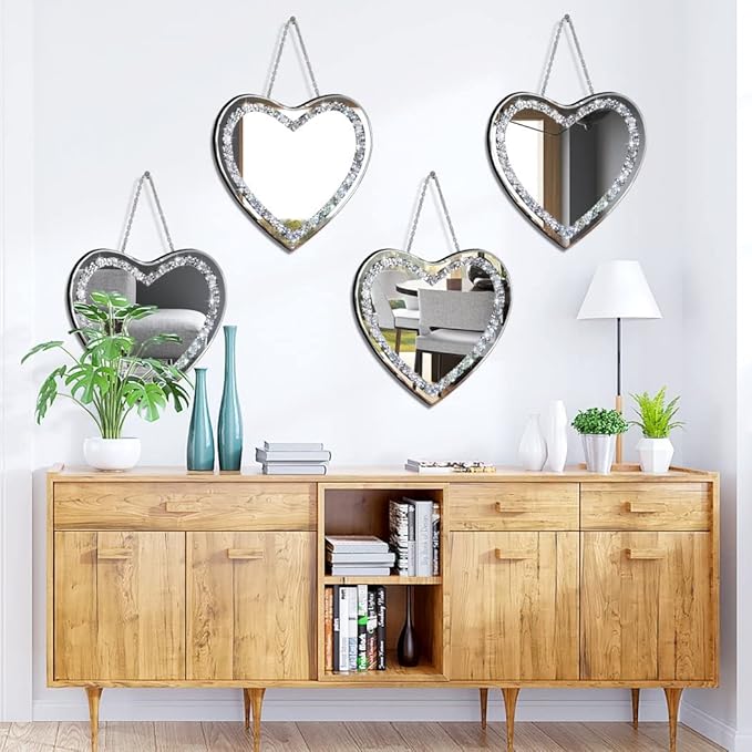 DMDFIRST Heart Shaped Silver Glass Mirror 2 Pack 12x12inch Crystal Crush
