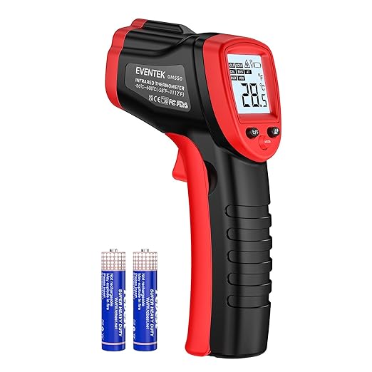 Eventek Infrared Thermometer Gun, -58Â°F~1112Â°F Temperature Gun, Laser Thermometer Gun for Cooking, Pizza Oven, Candy, Griddle, Engine, Infrared Thermometer with Adjustable Emissivity & Max Min