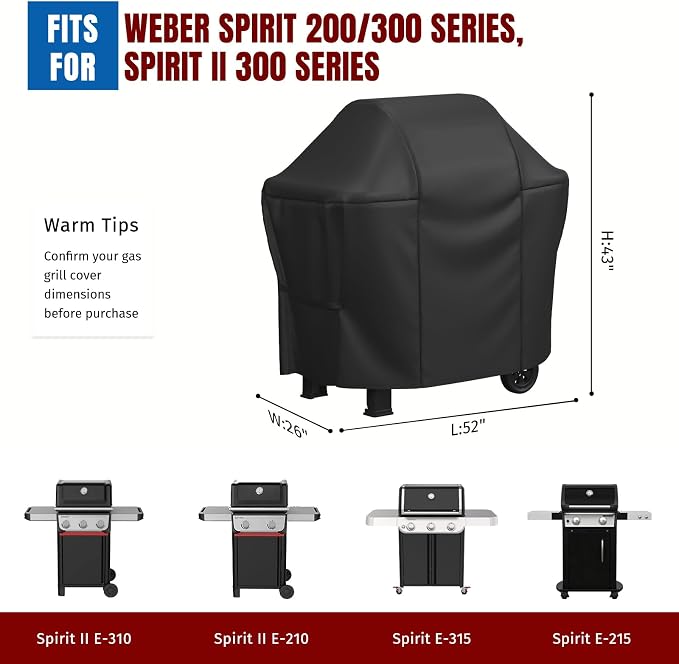 SHINESTAR 52 Inch Grill Cover for Weber Spirit 200/300 Series, Spirit 2 & II, Heavy Duty Oxford Fabric BBQ Cover Waterproof UV Protection, Windproof with Adjustable Magic Tape Straps