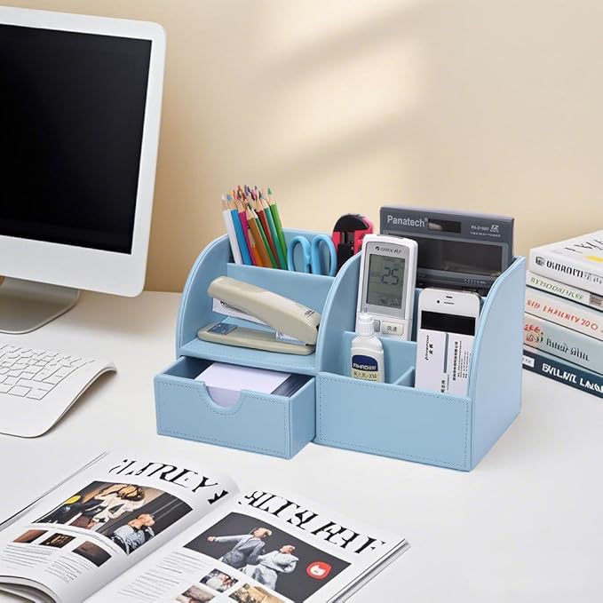 KINGFOM Pu Leather Desk Organizer Pen Pencil Holder Office Supplies Caddy Storage Box 6 Compartments with Drawer Blue