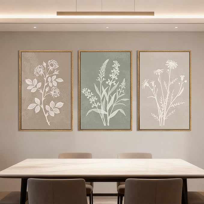 Anyzal Large Framed Boho Botanical Wall Art 16x24 Inch Neutral Plant Canvas Wall Decor Minimalist Floral Farmhouse Painting for Living Room Bedroom Dining Room Set of 3