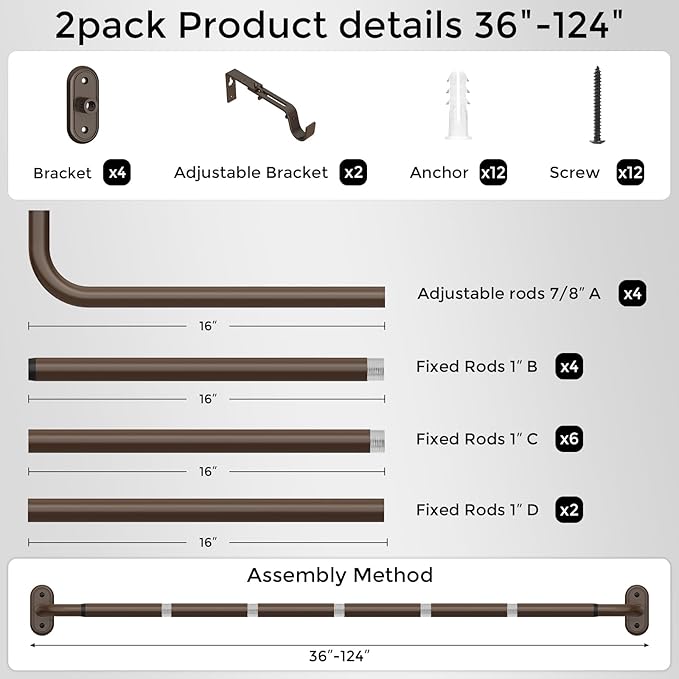 2 Pack Curtain Rods 36-120 Inch, Bronze Wrap Around Blackout Curtain Rods