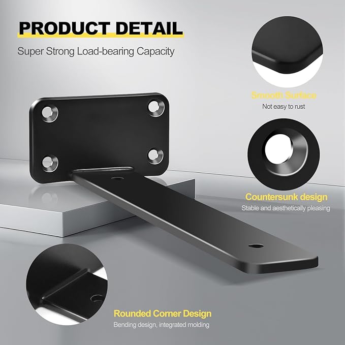 2 Pack - 12 inch Black Hidden L Shelf Bracket Iron Floating Shelf Brackets