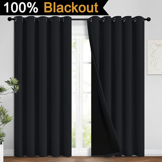 Yakamok 100% Blackout Curtains for Bedroom, 2 Thick Layers Thermal Insulated