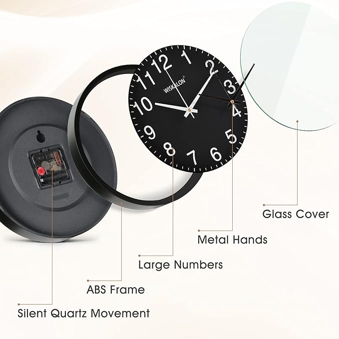 WISKALON 10 inch Wall Clock, Silent Non-Ticking Elegant Black Frame Wall Clock