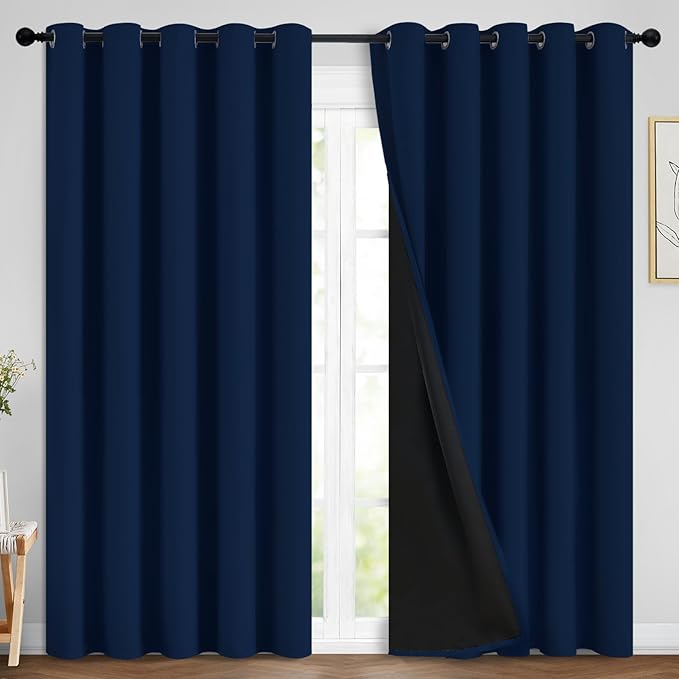 Yakamok Navy Blue 100% Blackout Curtains Energy Saving Thermal Insulated 2
