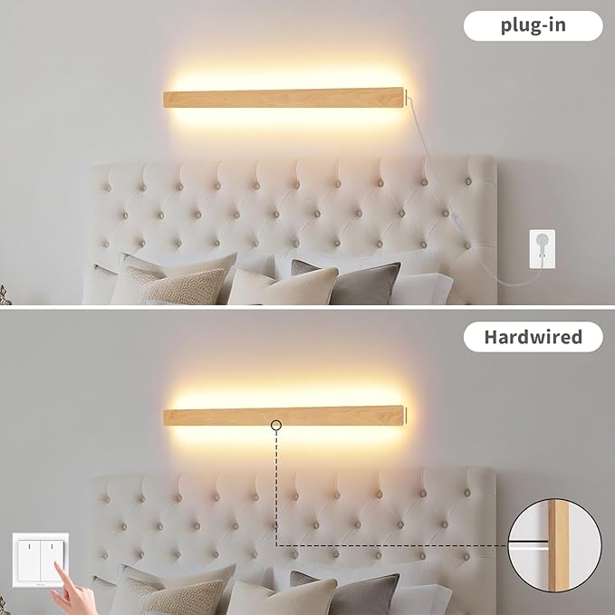Modern Plug in Long Wall Sconce, 31.4 inch Faux Wood Texture Finish LED Wall