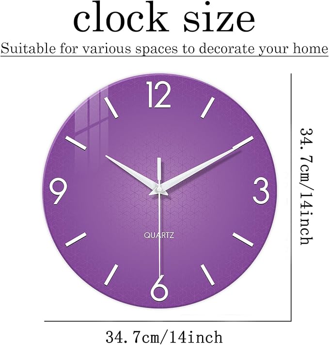 XFM Round Purple Wall Clock 14 Inch Silent Non-Ticking Battery Operated