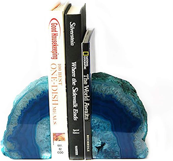 JIC Gem Book Ends Teal Agate Bookends for Shelves Decorative Geode Bookends to Hold Books Heavy Duty Home Decor with Rubber Bumpers(1 Pair, 4-6 LBS)