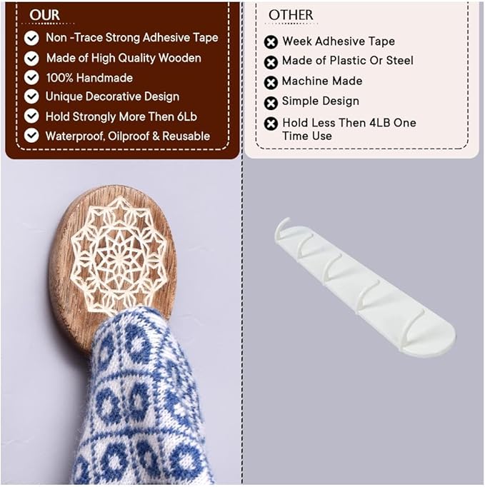 Indian Shelf 6 Lb- 6 Pieces Decorative Wood Adhesive Wall Hooks–Boho Peel and