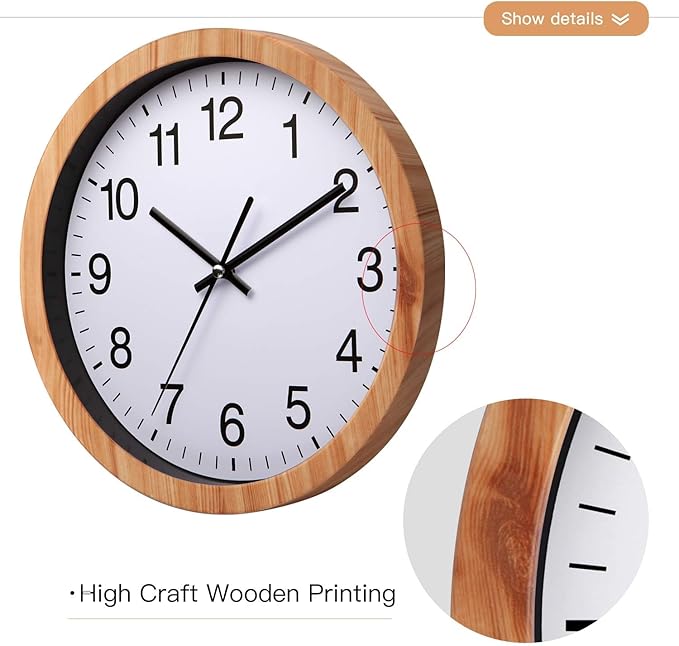 NUOVO 10 Inch Wooden Round Wall Clock Silent & Non-Ticking Retro Wall Clock