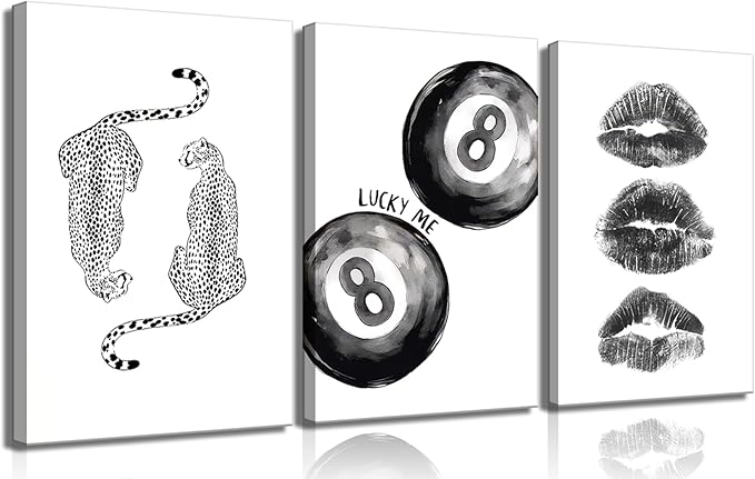 BOKPEN Trendy Black and White Leopard Canvas Wall Art, Funky Y2k Lucky 8 Ball