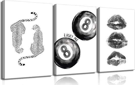 BOKPEN Trendy Black and White Leopard Canvas Wall Art, Funky Y2k Lucky 8 Ball