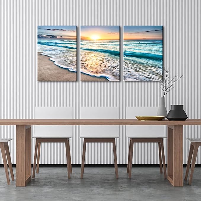 Wieco Art 3 Panels Blue Beach Sunrise White Wave Pictures on Canvas Wall Art