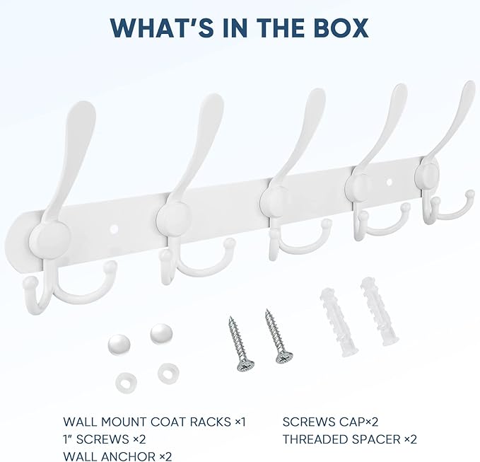 TICONN Wall Mounted Coat Rack, Five Heavy Duty Tri Hooks All Metal Construction