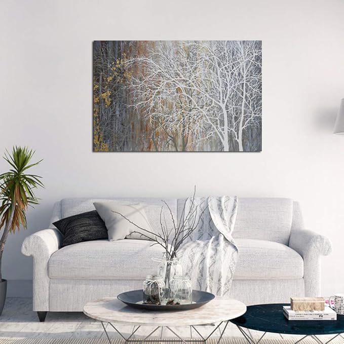 Yihui Arts Canvas Wall Art Hand Painted White Tree Pictures Brown Forest