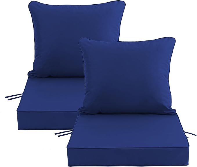 19x19 Inch Patio Chair Cushions Set of 2, Outdoor Furniture Cushions - Removable Cover, Water-Repellent, Fade-Resistant, Non-Slip Bottom & Straps, Replacement for Lawn, Porch & Deck Chair - Navy