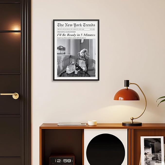 Vintage Newspaper Black Framed Wall Art Trendy Black and White Aesthetic