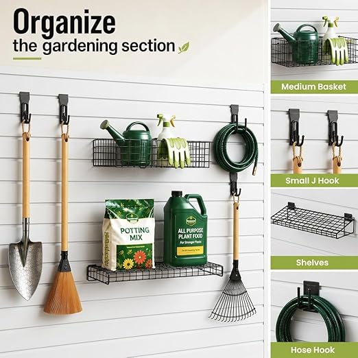 SMARTSTANDARD Slatwall Panel 4x8 FT, Garden Wall Organizer with 31 Garden Tool Hooks & Baskets,Heavy Duty PVC Slat Wall Panels for Gardening, Easy to Install & DIY Cutting(White)