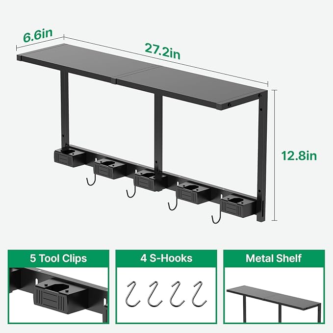 CCCEI Broom and Mop Wall Mount with Shelf, Laundry Room Cleaning Tools Organization Hanging Rack with Hooks, Bathroom, Garage, Garden Organizers and Storage. All Metal, Black, 2 Pack.