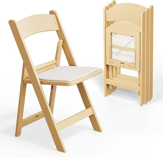 VINGLI Resin Folding Chairs with Cushion, Foldable Plastic Chair with Comfortable Padded Seats, Perfect for Event Party Indoor Outdoor, Natural, 4 PC