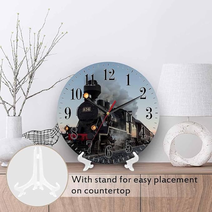 Mxocom Morning Train Wall Clock Old Steam Train Smoke Rairoad Sunrise 10 Inch