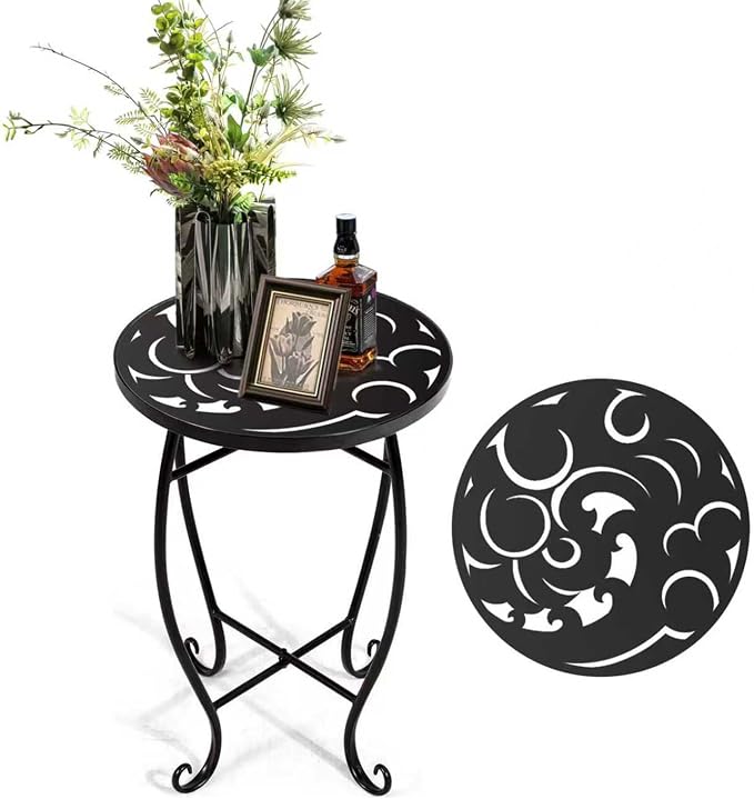 15 Inch Tall Metal Plant Stand Indoor Outdoor, Round Side Table with Swirl Pattern, Rust Resistant Iron Flower Pot Holder for Patio Garden Porch Living Room