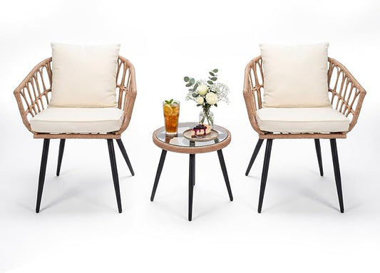 Upgraded 3 Piece Patio Bistro Set for Balcony, Backyard, Porch, Beige | All-Weather Rattan Patio Conversation Set, Tempered Glass Side Table, Easy-Clean Surface