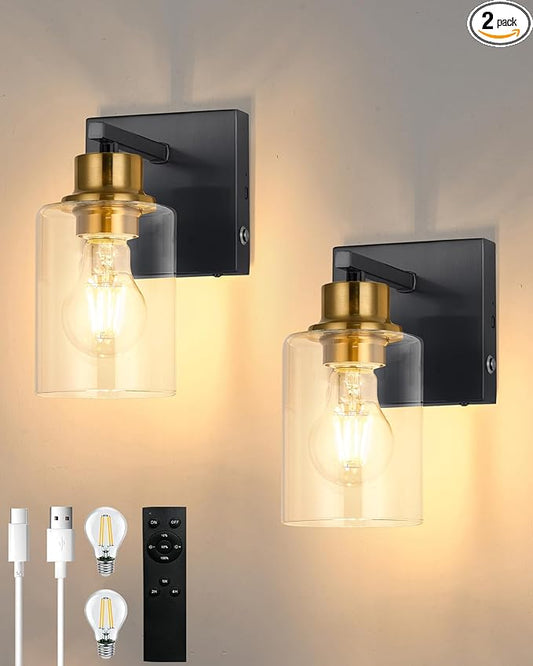Battery Operated Wall Sconce Set of 2, Easy Install Dimmable Wireless Wall Lamps