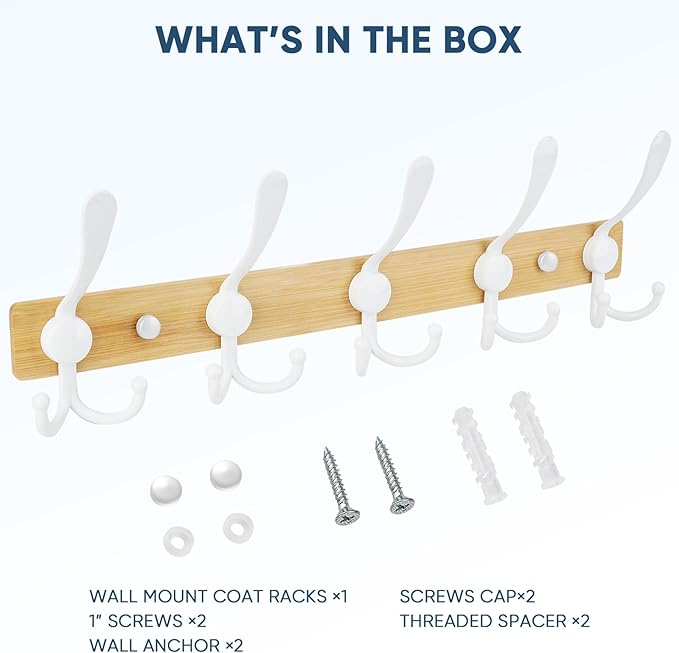 TICONN Wall Mounted Coat Rack, Five Heavy Duty Tri Hooks All Metal Construction